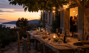Langer gedeckter Holztisch mit Weingläsern und Kerze auf einer mediterranen Terrasse im Abendlicht, im Hintergrund das Meer