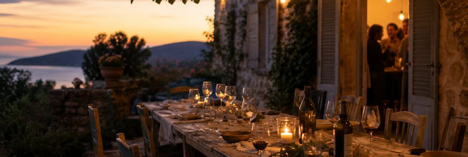 Langer gedeckter Holztisch mit Weingläsern und Kerze auf einer mediterranen Terrasse im Abendlicht, im Hintergrund das Meer