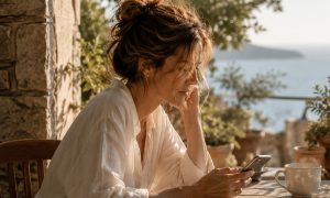 Frau sitzt mit Smartphone, Kaffee und Notizbuch an einem sonnigen Tisch und schaut nachdenklich auf ihr Handy.