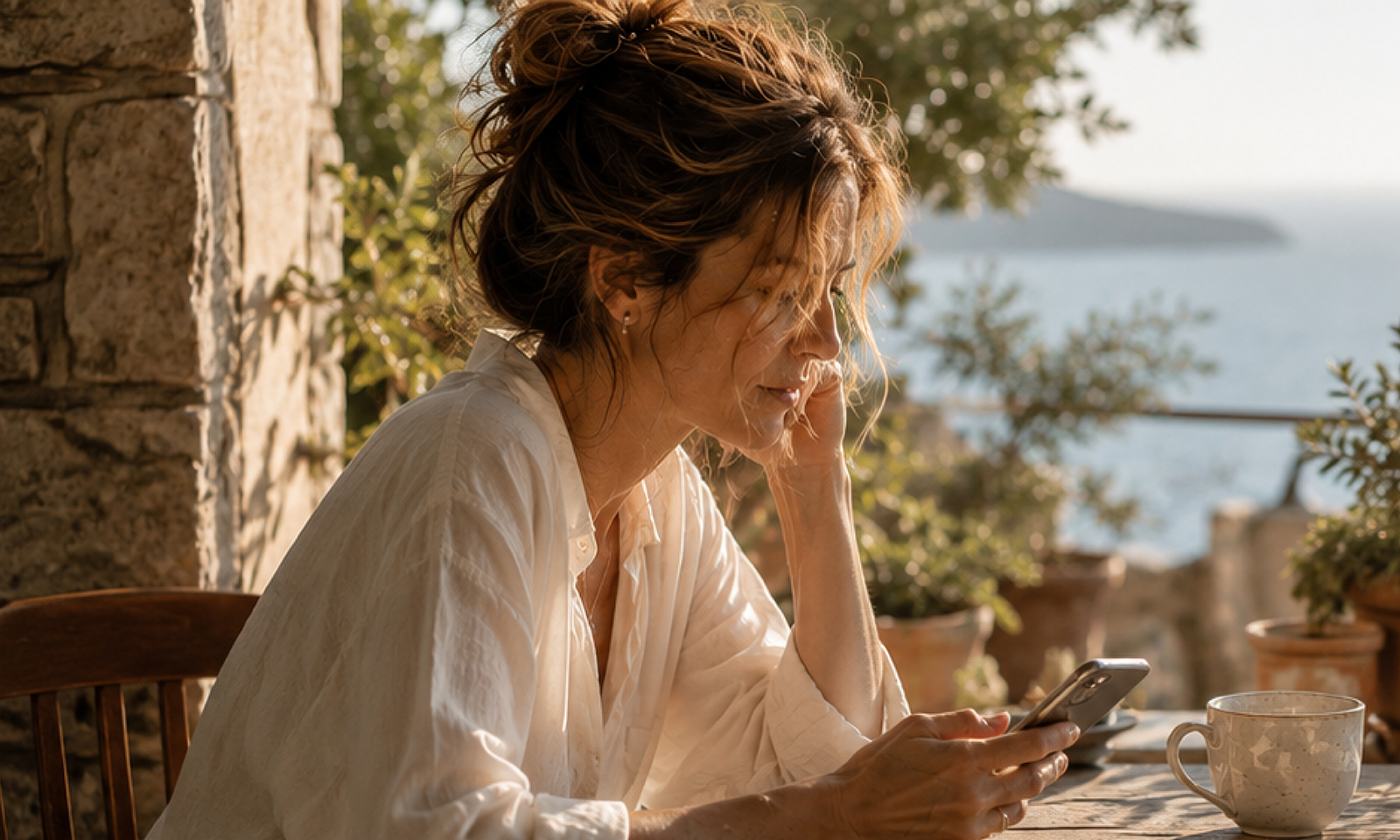 Frau sitzt mit Smartphone, Kaffee und Notizbuch an einem sonnigen Tisch und schaut nachdenklich auf ihr Handy.