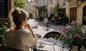 Frau sitzt entspannt bei Kaffee in einem sonnigen Straßencafé einer kleinen europäischen Stadt.