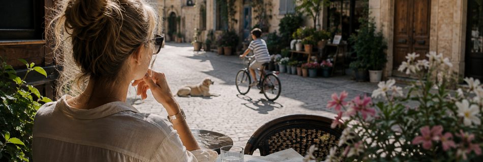 Frau sitzt entspannt bei Kaffee in einem sonnigen Straßencafé einer kleinen europäischen Stadt.