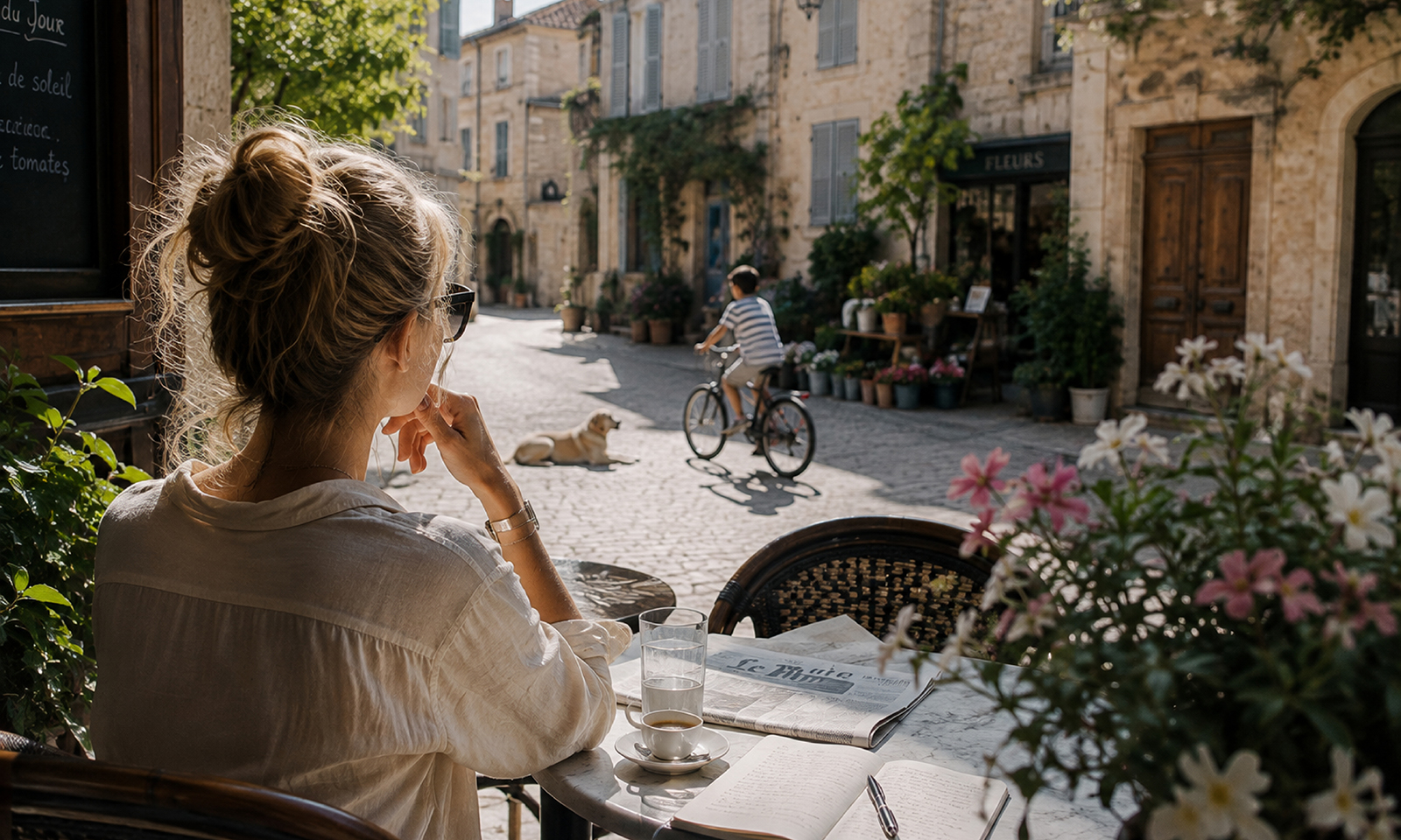 Frau sitzt entspannt bei Kaffee in einem sonnigen Straßencafé einer kleinen europäischen Stadt.