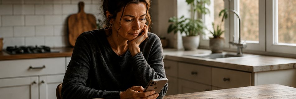 Frau sitzt am Küchentisch und schaut auf ihr Handy
