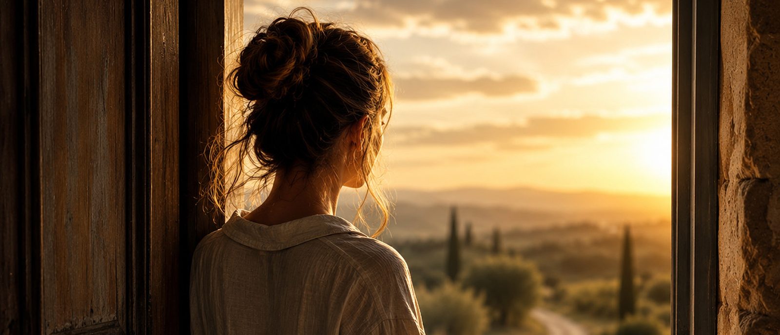 Eine Frau blickt aus einer offenen Tür auf einen geschwungenen Weg in einer mediterranen Landschaft im Abendlicht. Symbolbild zur Kolumne „Nicht hier“ von Charlotta Móna.