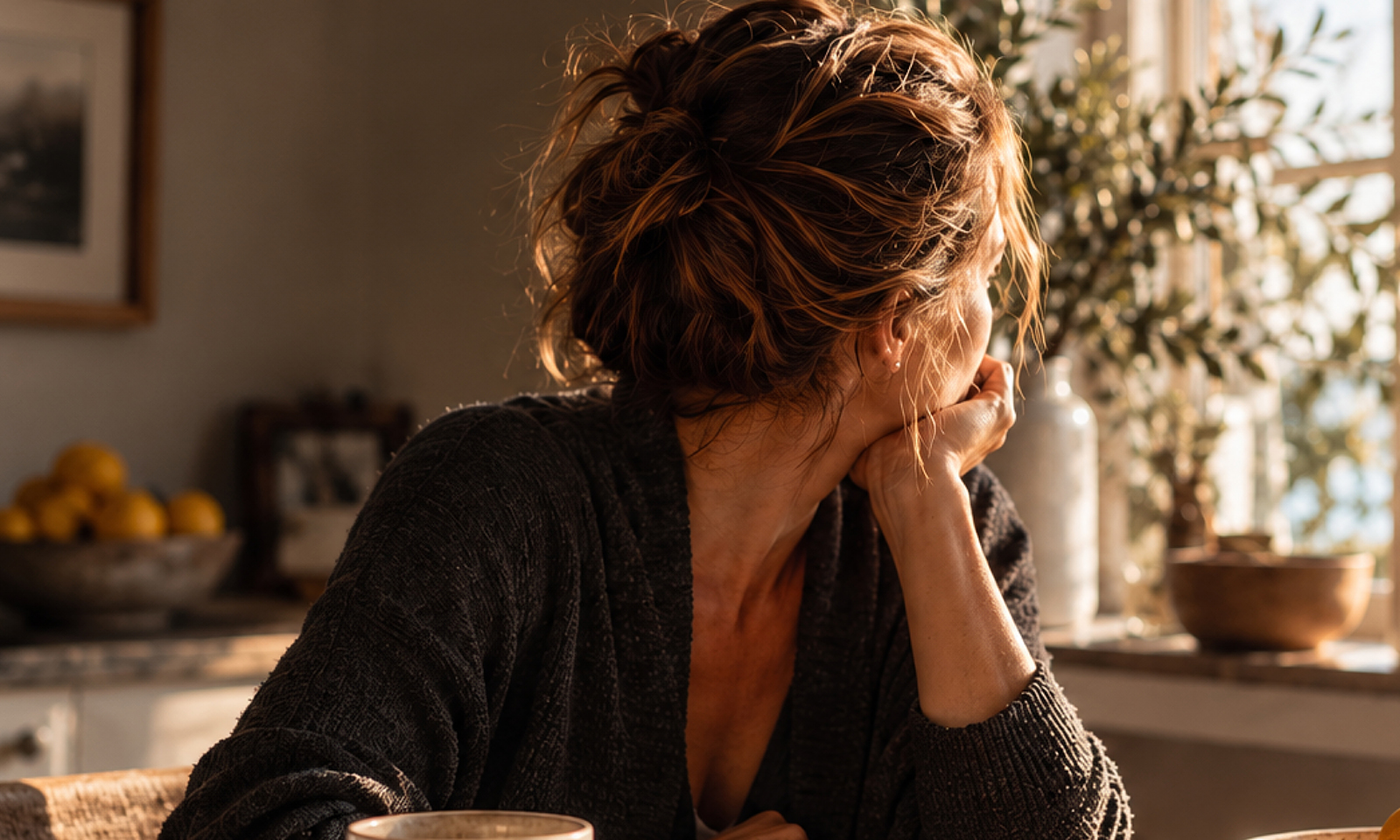 Nachdenkliche Frau an einem sonnigen Tisch mit Kaffee, Smartphone und Notizbuch.