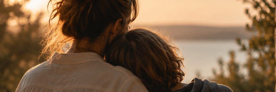 Mutter und erwachsener Sohn sitzen eng nebeneinander und blicken gemeinsam auf eine Landschaft im warmen Abendlicht.