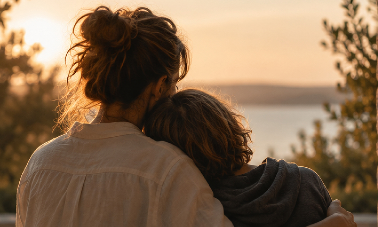 Mutter und erwachsener Sohn sitzen eng nebeneinander und blicken gemeinsam auf eine Landschaft im warmen Abendlicht.