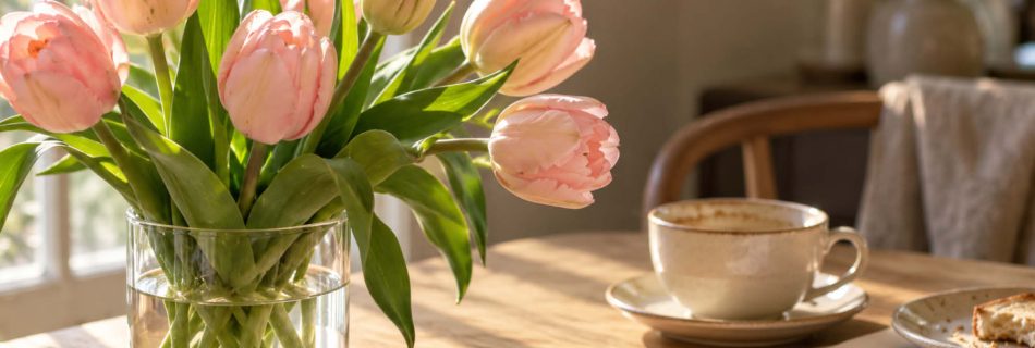 Rosa Tulpen in einer Glasvase auf einem sonnigen Holztisch, daneben eine Kaffeetasse, eine Lesebrille auf Papieren und ein Teller mit angebissenem Brot.
