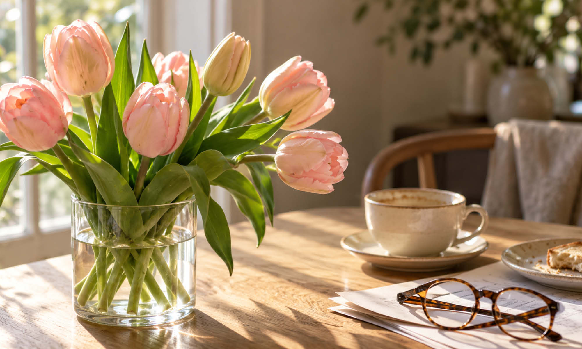 Rosa Tulpen in einer Glasvase auf einem sonnigen Holztisch, daneben eine Kaffeetasse, eine Lesebrille auf Papieren und ein Teller mit angebissenem Brot.